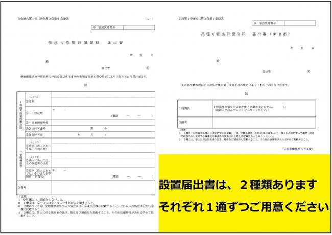 写真：喫煙可能室設置施設届出書　設置届出書は、2種類あります。それぞれ1通ずつご用意ください