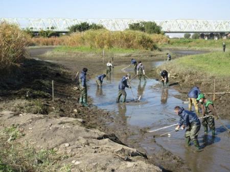写真：池のかいぼりを行う様子