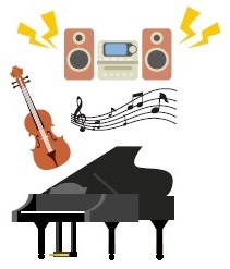 イラスト：楽器・音響機器からの音には注意を