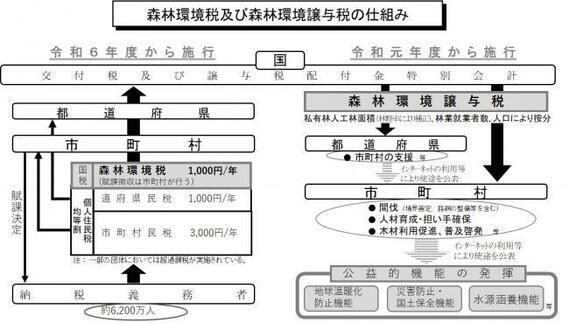 イラスト：森林環境税・森林環境譲与税の仕組み　フロー図（出典林野庁）
