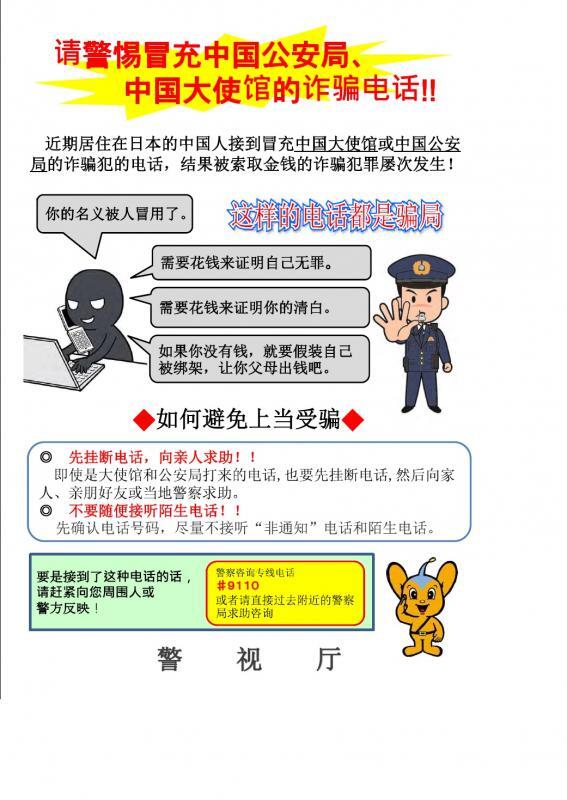 チラシの写真：詐欺電話注意喚起（中国語）