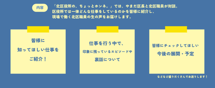 具体的な内容　（1）皆様に知ってほしい事業をご紹介　（2）仕事を行う中で、印象に残っているエピソードや裏話について　（3）皆様にチェックしてほしい今後の展開・予定