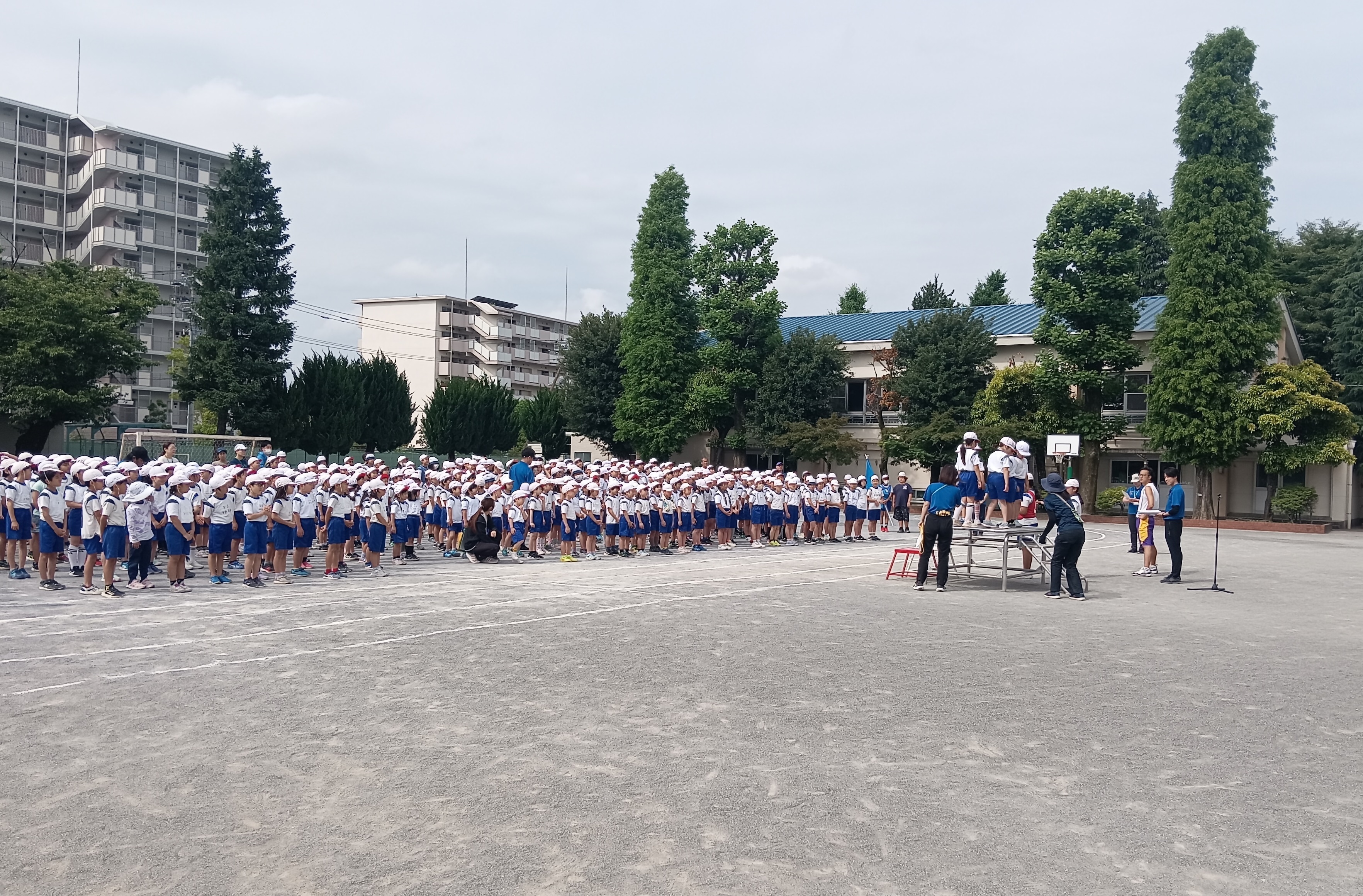 校庭での運動会全体練習の様子