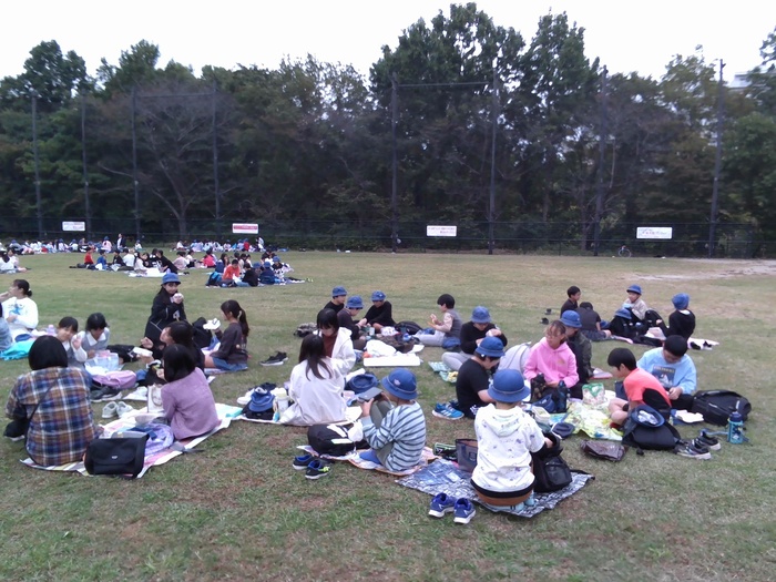 公園でお弁当を食べている児童たちの様子