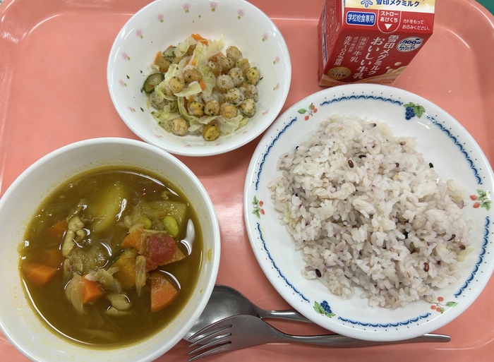 ・ざっこくごはん　・スープカレー　・ビーンズサラダ　（写真）