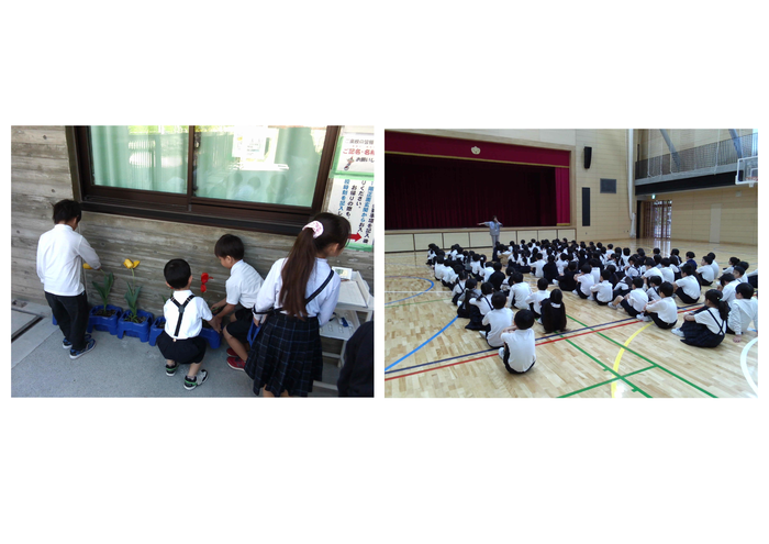 2年生の入学式準備の様子と学年集会をしている様子